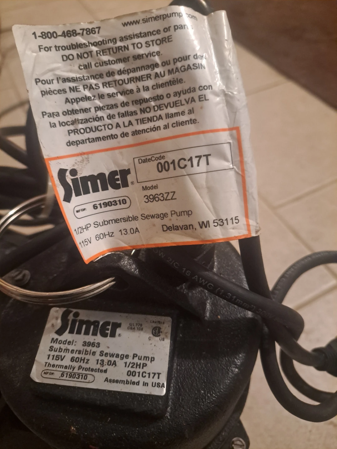 Simer 3963 Submersible Sewage Pump 1/2 HP