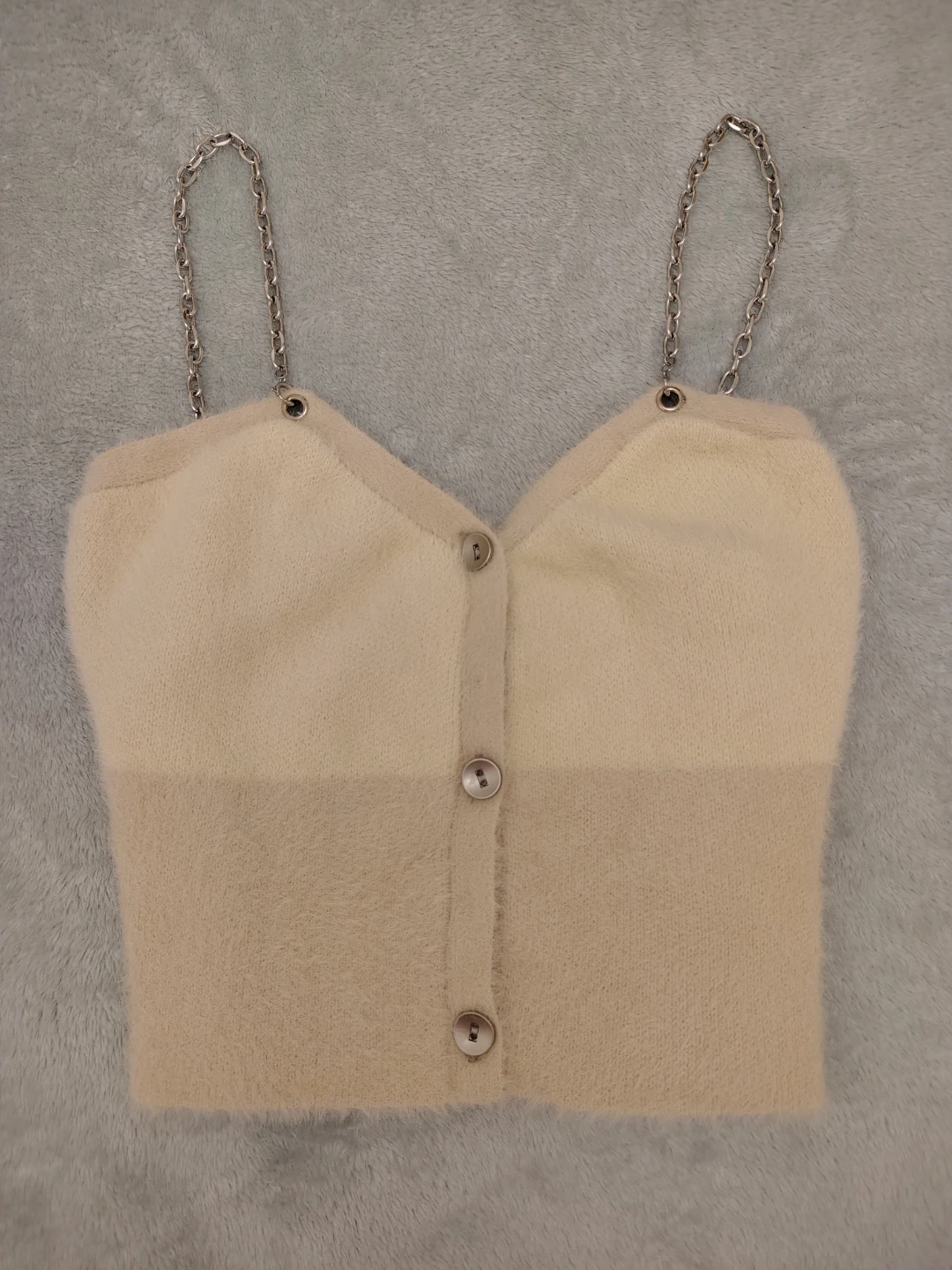 Cream & Tan Button-Up Chain Strap Crop Top - XS-Small