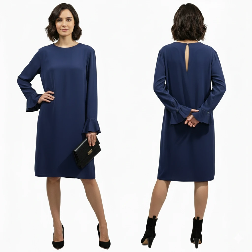 Mantù Italy Navy Cady Dress Ruffle Bell Sleeves IT 48 (US 12) - photo 5