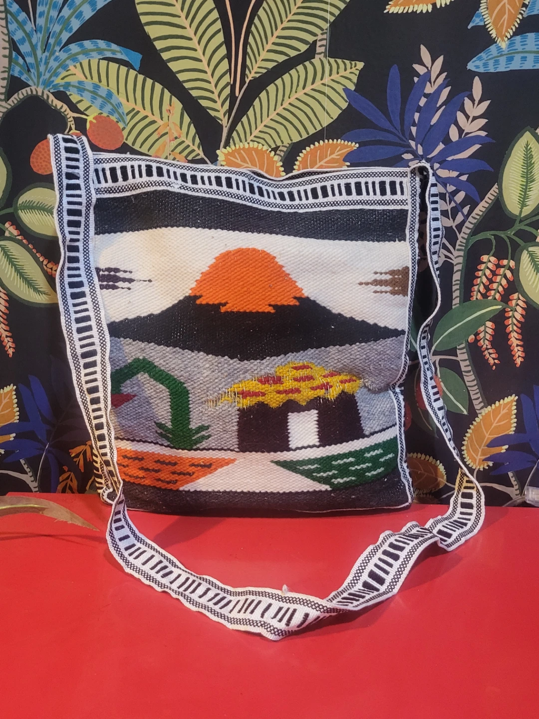 Woven Shoulder Bag with Mountain Scene