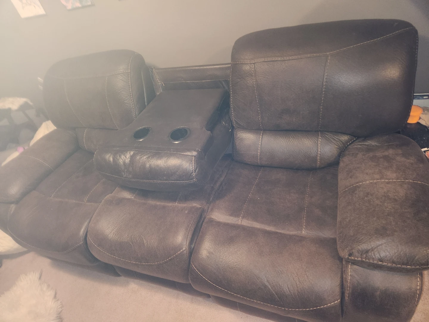 Brown Leather Reclining Sofa with Cup Holders - photo 4