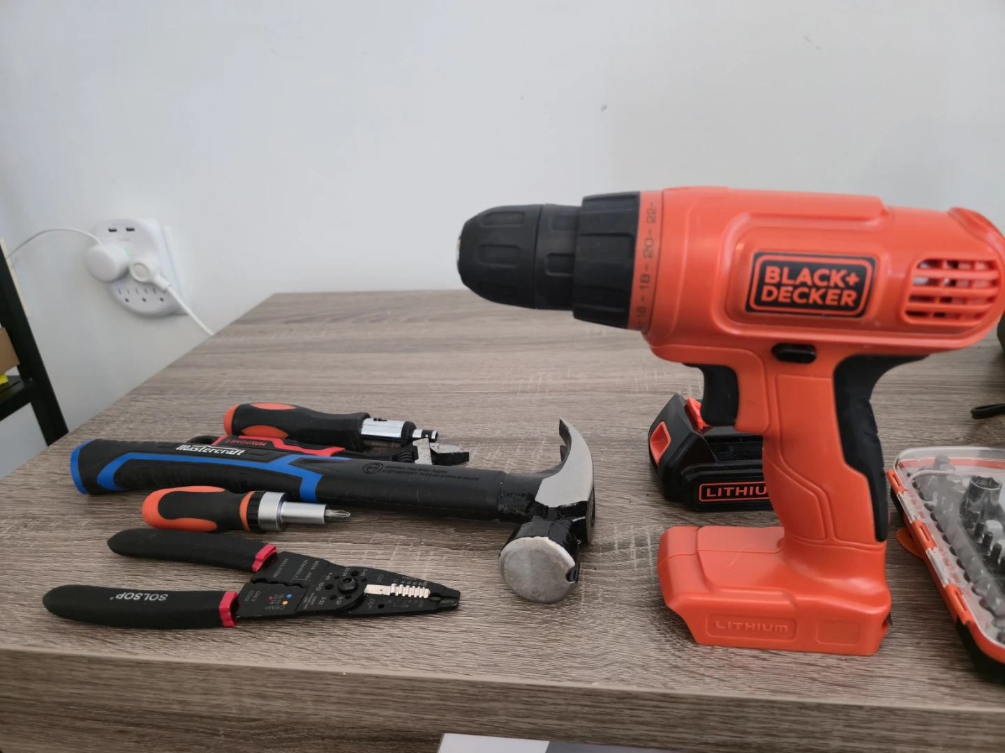 Black & Decker Lithium Drill with Mastercraft Hammer and Tools