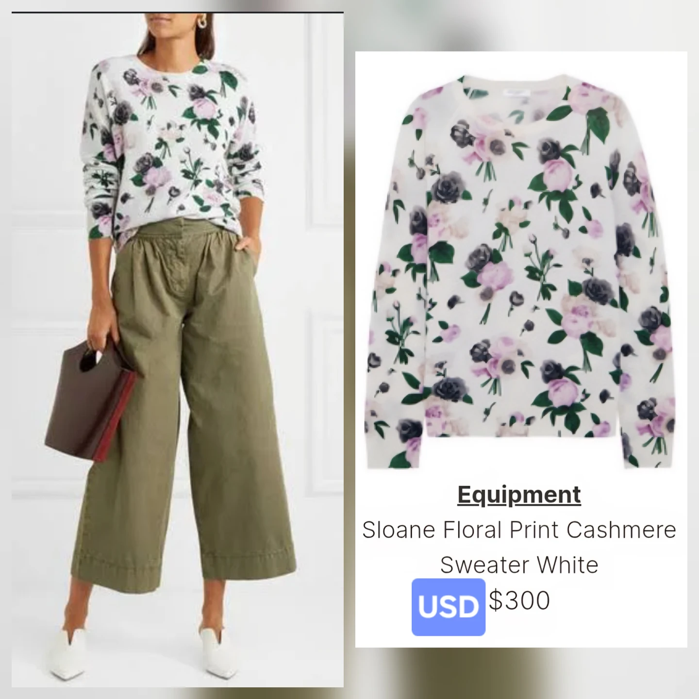 Equipment Sloan Floral 100% Cashmere Sweater Size L - photo 3
