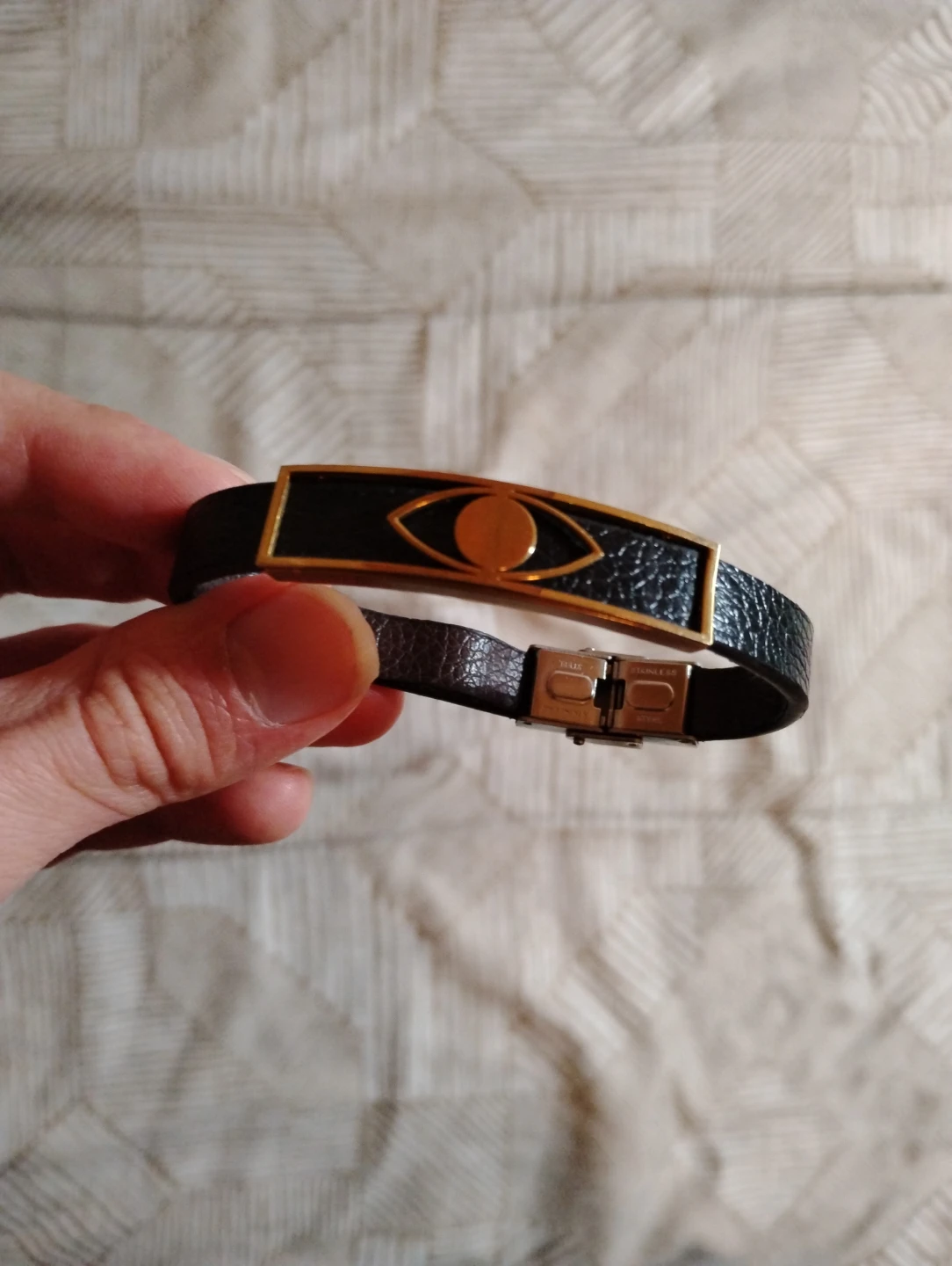 Black Leather Bracelet with Gold Eye Accent - photo 3
