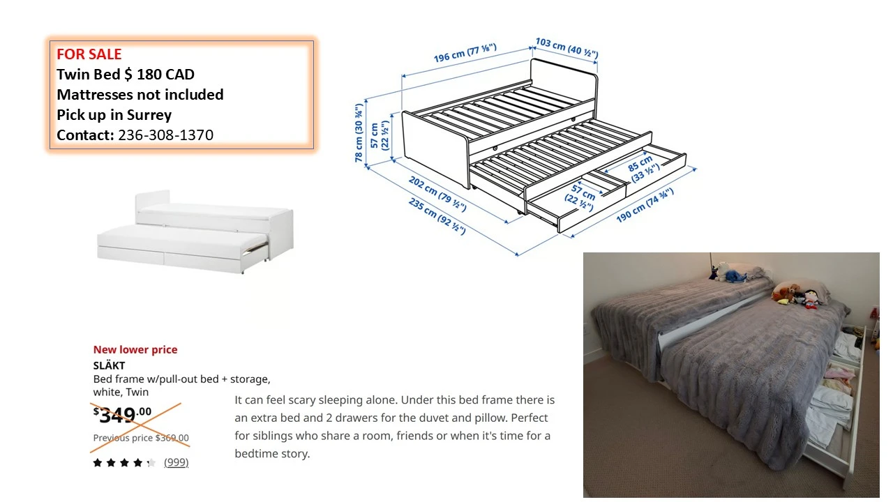 IKEA SLÄKT Twin Bed with Pull-Out Bed and Storage - White