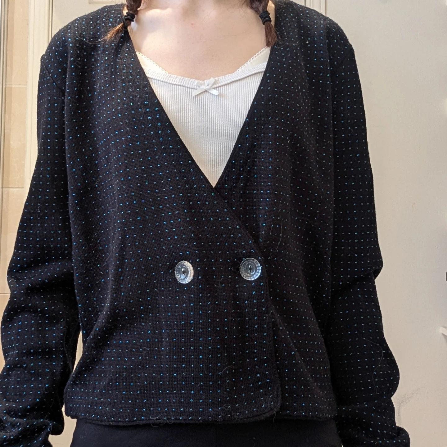 black double-breasted 80s cardigan