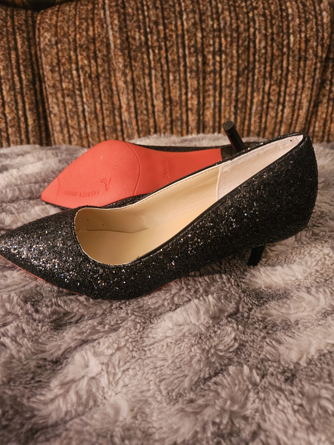 Sparkly Black Pointed Toe Heels with Red Sole - Size 7 (US) - photo 2