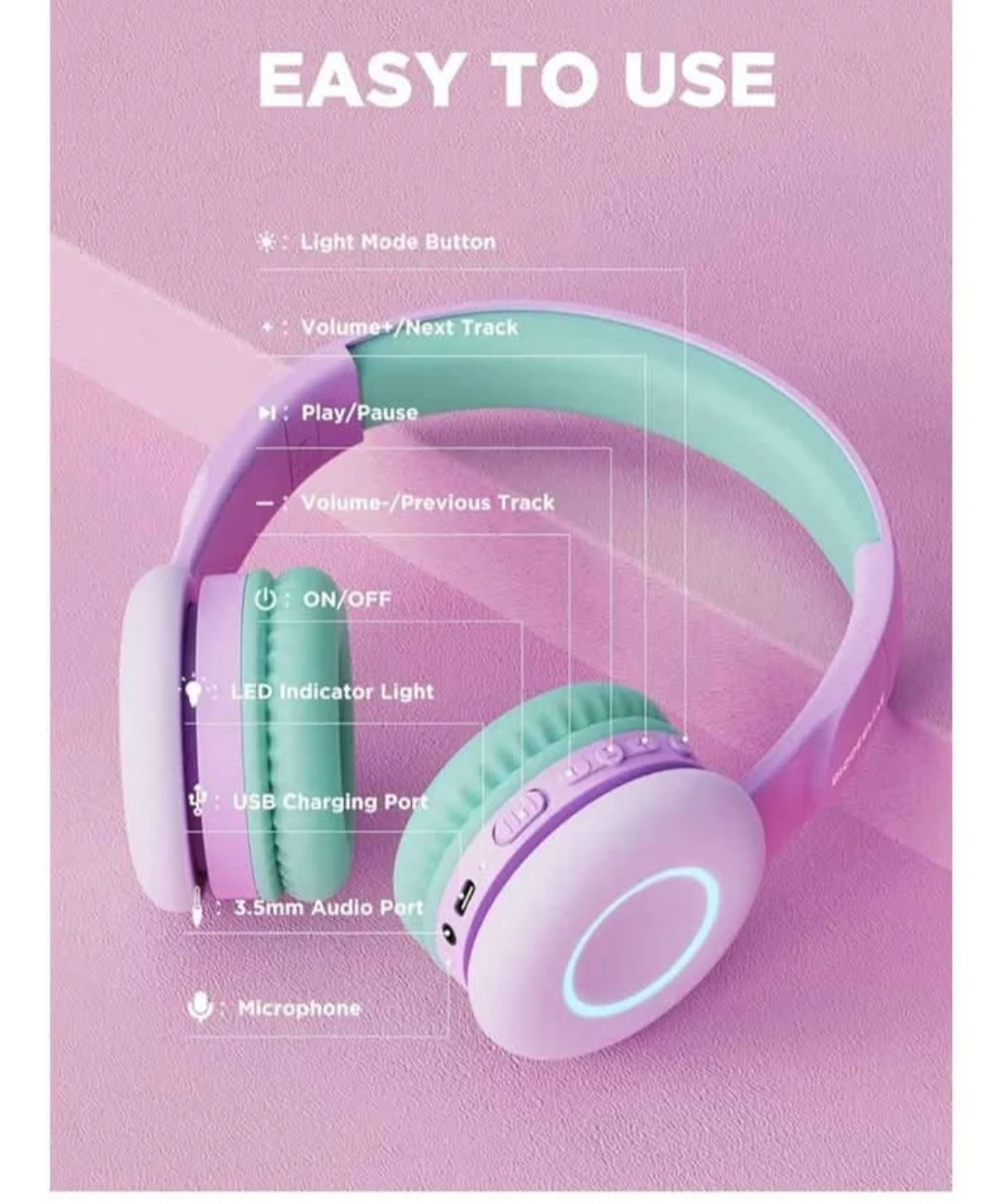 BIGGERFIVE Kids Headphones with LED Lights - Pink/Purple - photo 3