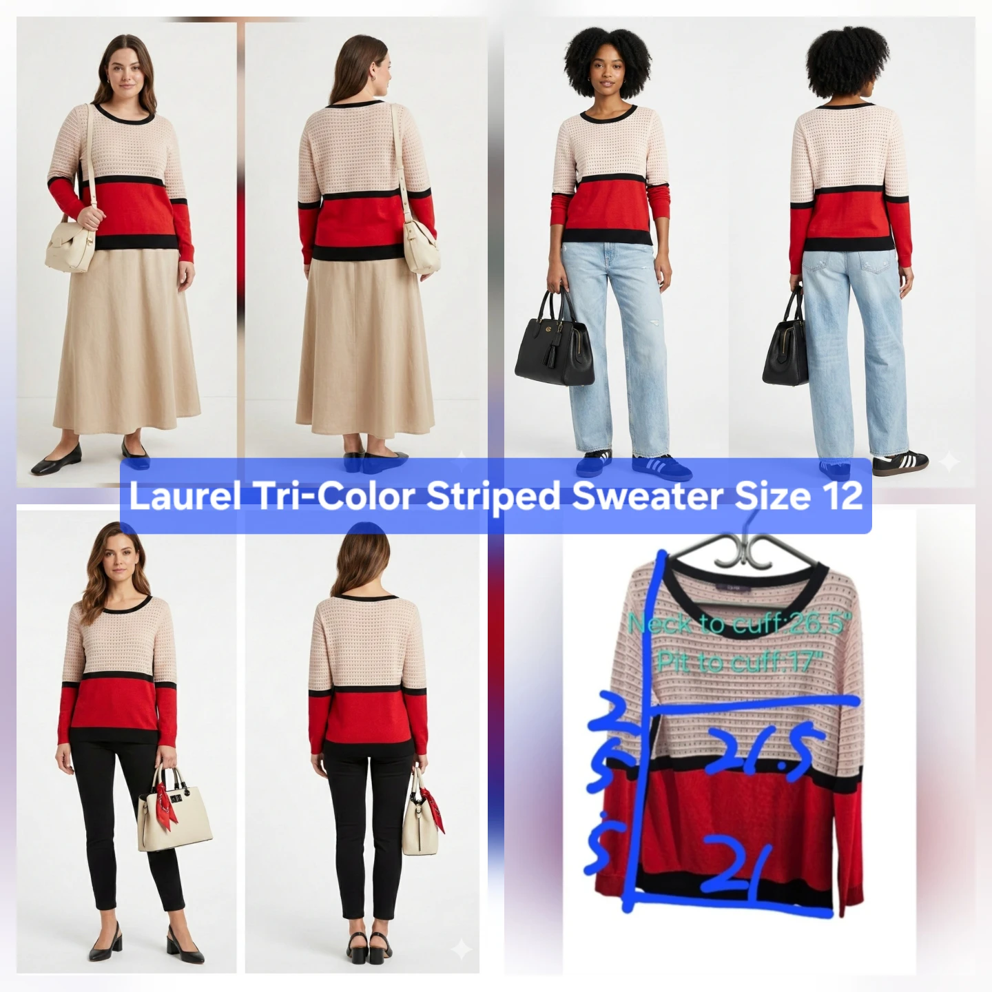 Laurel Tri-Color Striped Sweater Size 12