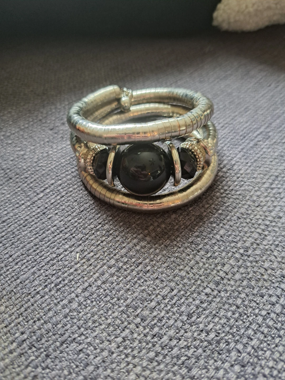 Silver tone bangle bracelet with black beads - photo 2