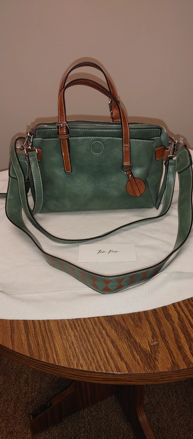 Green Faux Leather Satchel Handbag with Adjustable Strap