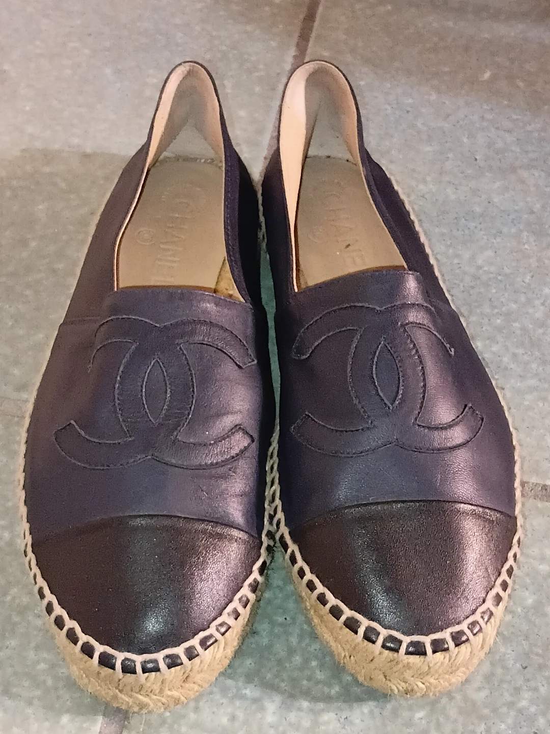 CHANEL Navy Leather Cap Toe Espadrille Flats