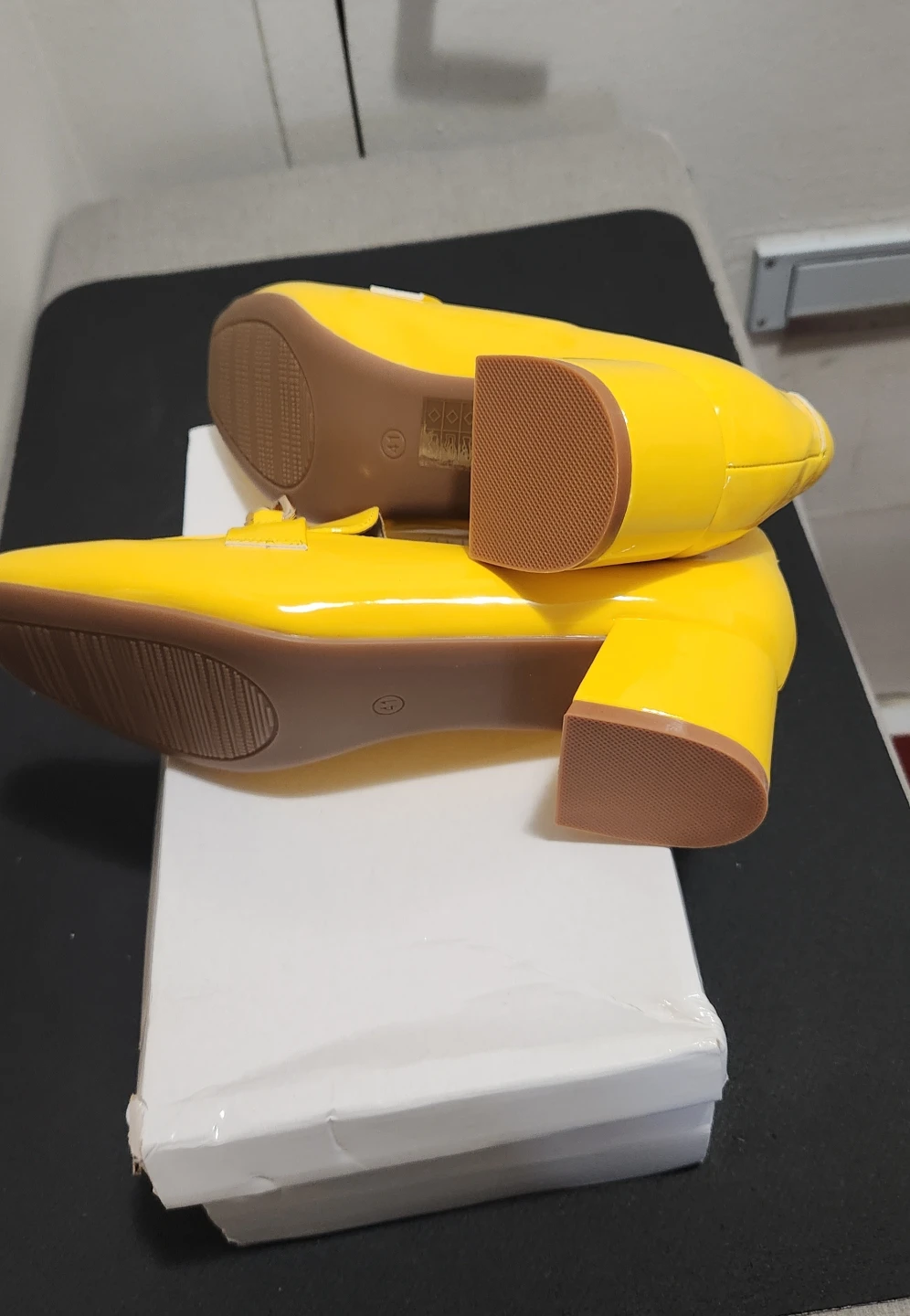 Women's Yellow Patent Loafers with Gold Chain Detail - photo 2