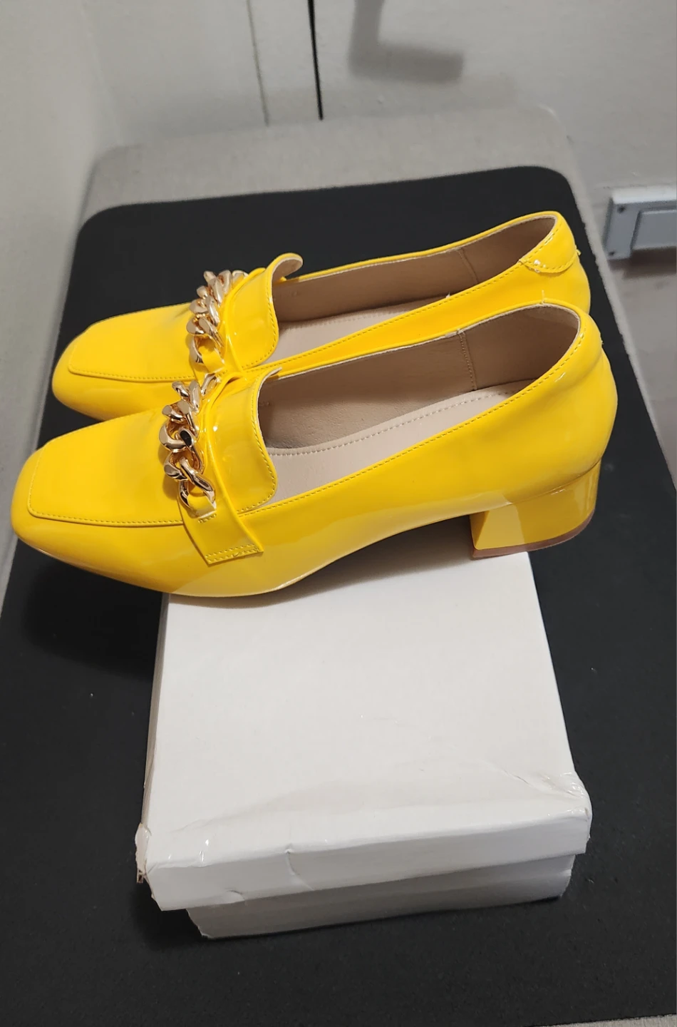 Women's Yellow Patent Loafers with Gold Chain Detail - photo 3