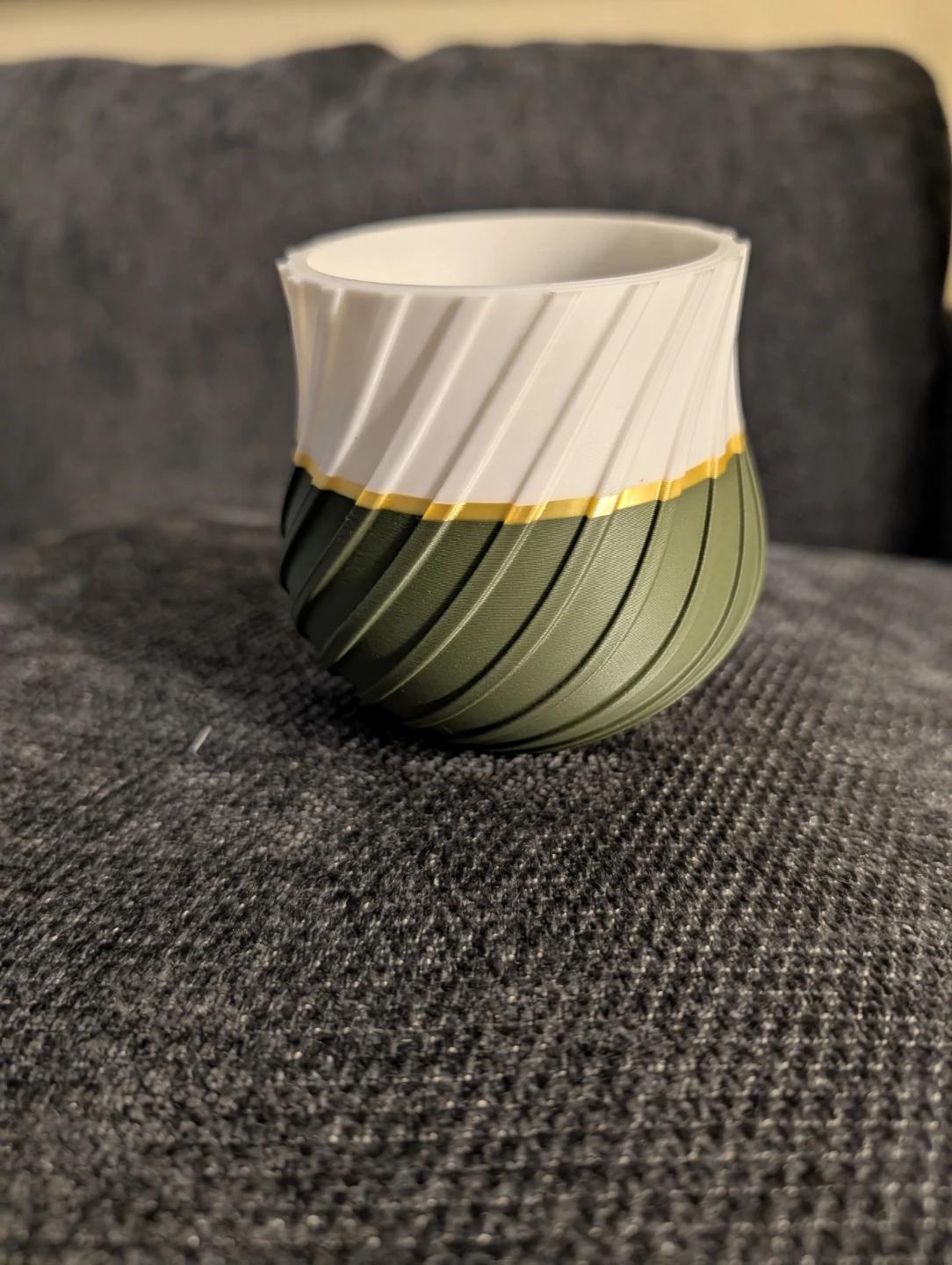 3D printe Twisted Decorative Planter – Olive Green, White & Gold
