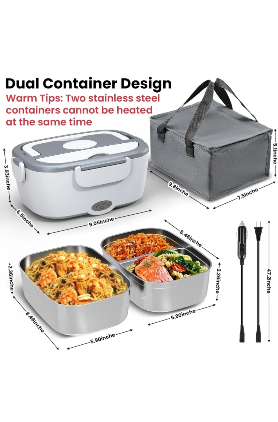 80W Electric Lunch Box with Dual Containers and Insulated Bag - photo 2