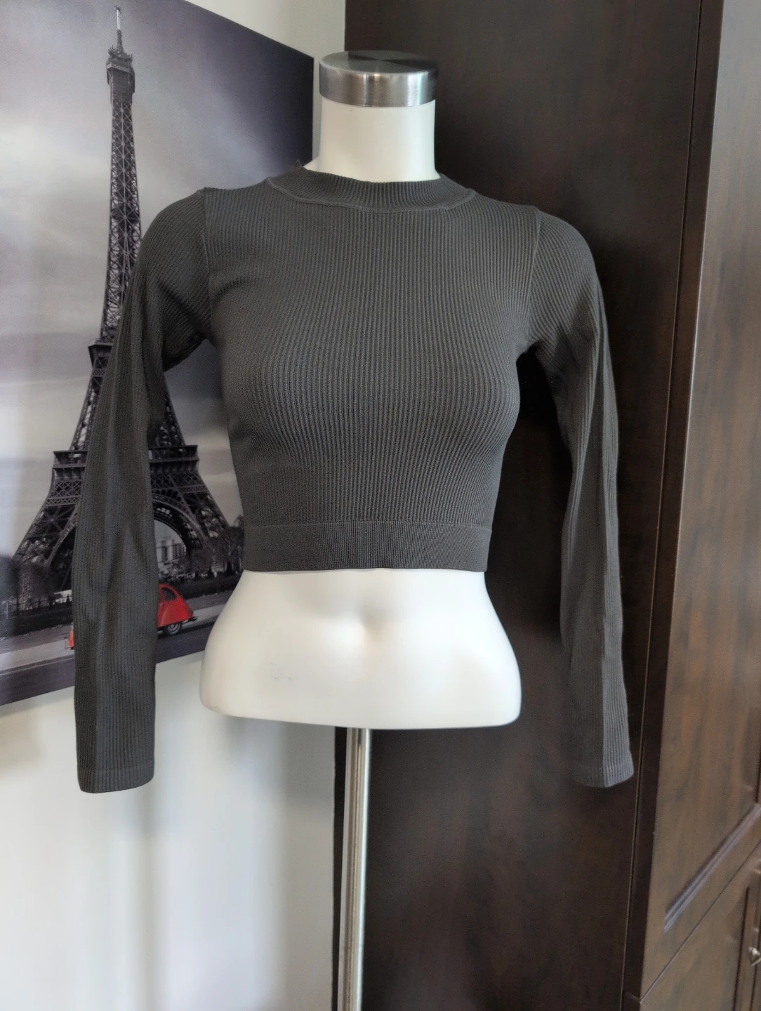 Harlow Ribbed Long Sleeve Crop Top M/M Grey