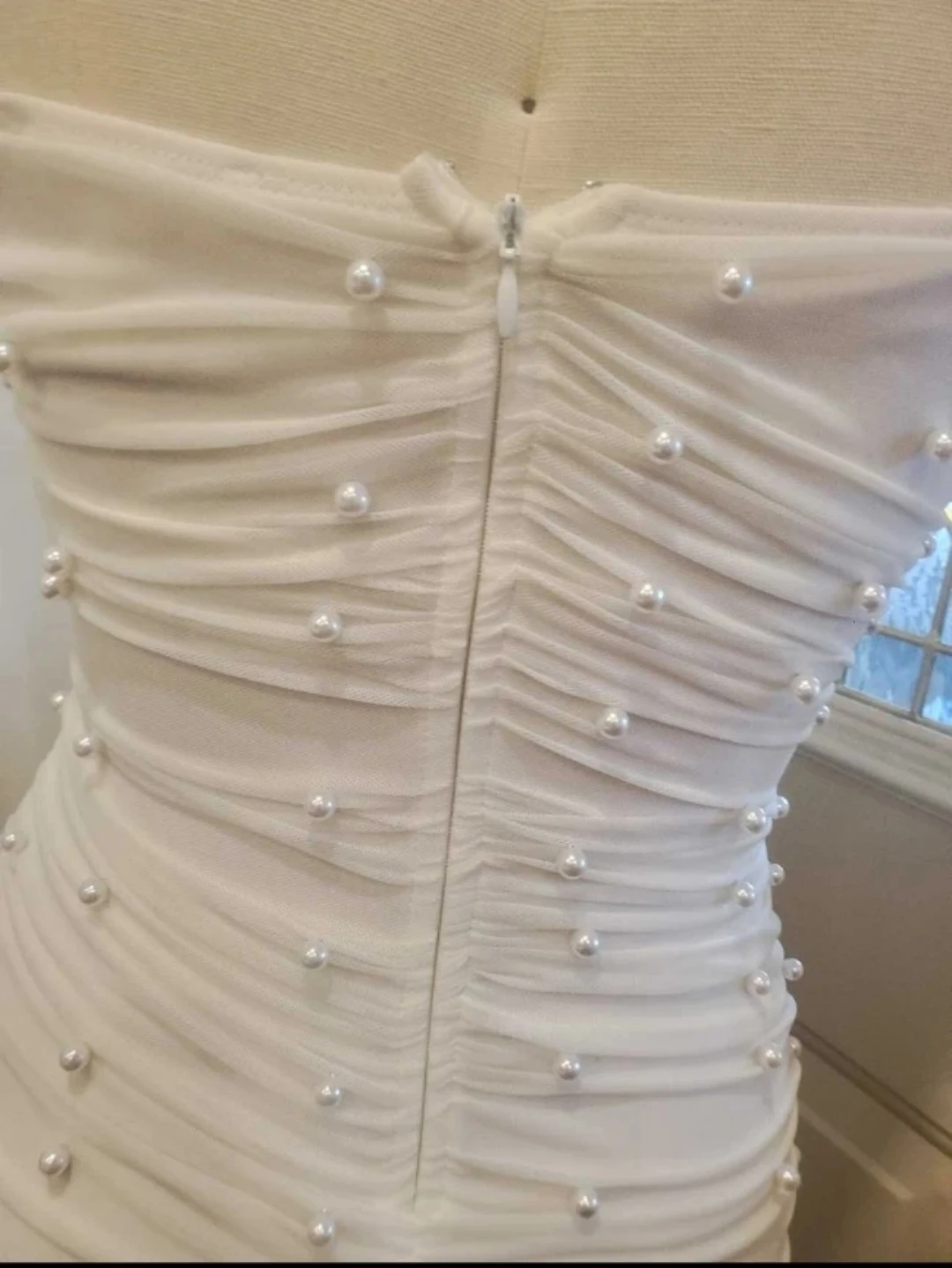 Privy White Ruched Pearl Embellished Strapless Mini Dress Size M - photo 4