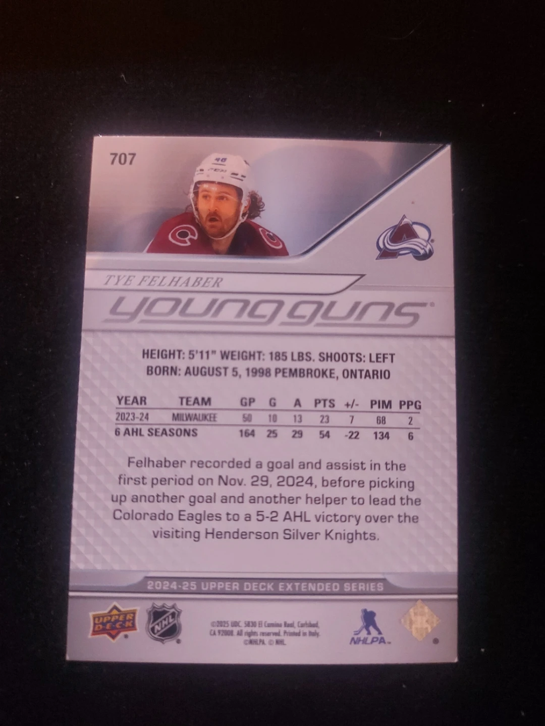 Upper Deck Tye Felhaber Young Guns Hockey Card 2024-25 - photo 2