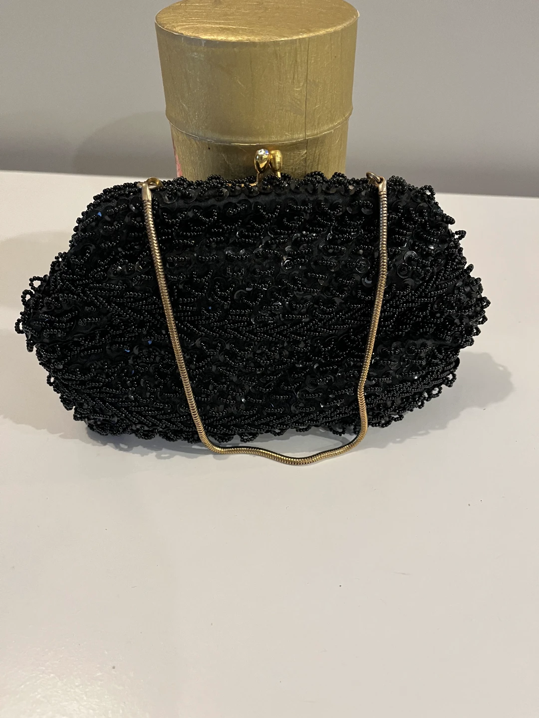 Vintage Goldea Black Beaded Evening Clutch with Gold Chain