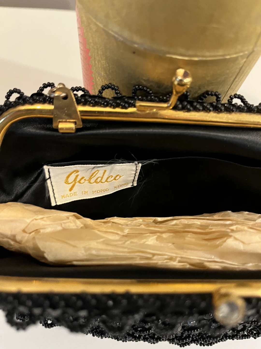 Vintage Goldea Black Beaded Evening Clutch with Gold Chain - photo 2