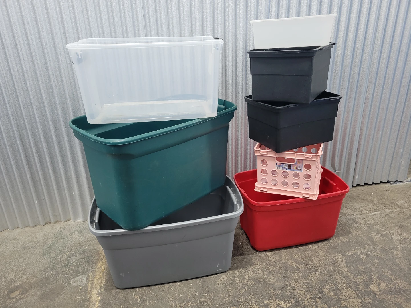 8 Assorted Plastic Storage Bins. NO LIDS!!