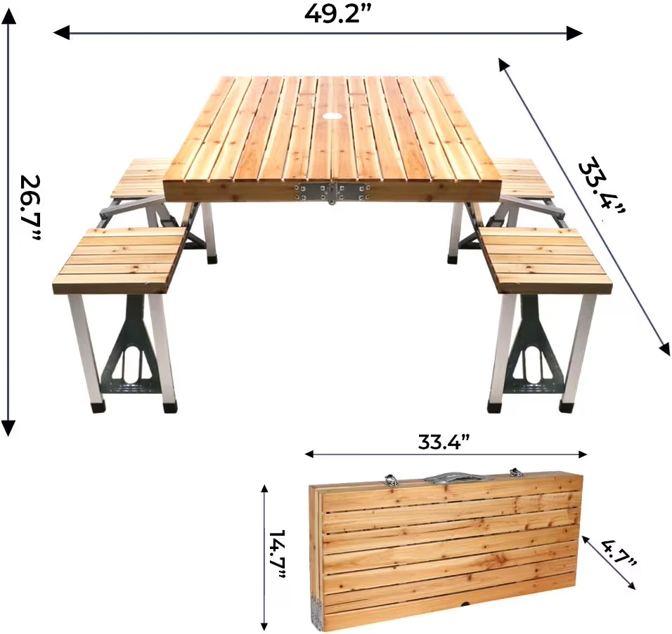 Wooden Picnic Table with 4 Folding Stools