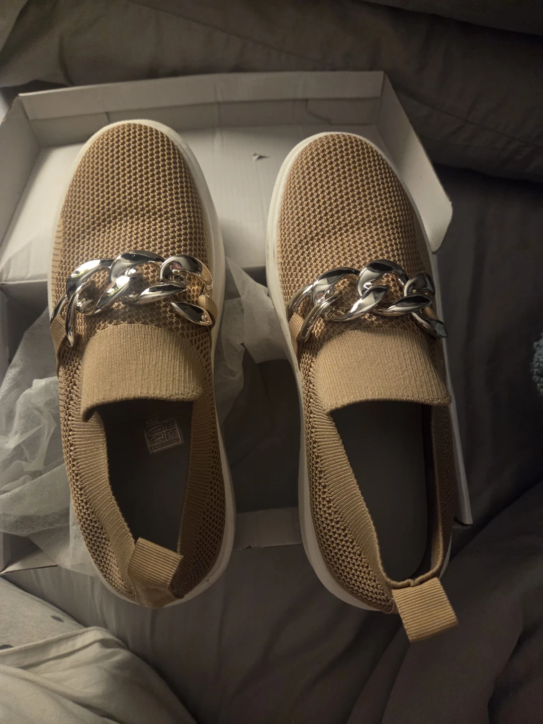 Tan Knit Slip-On Sneakers with Silver Chain Detail