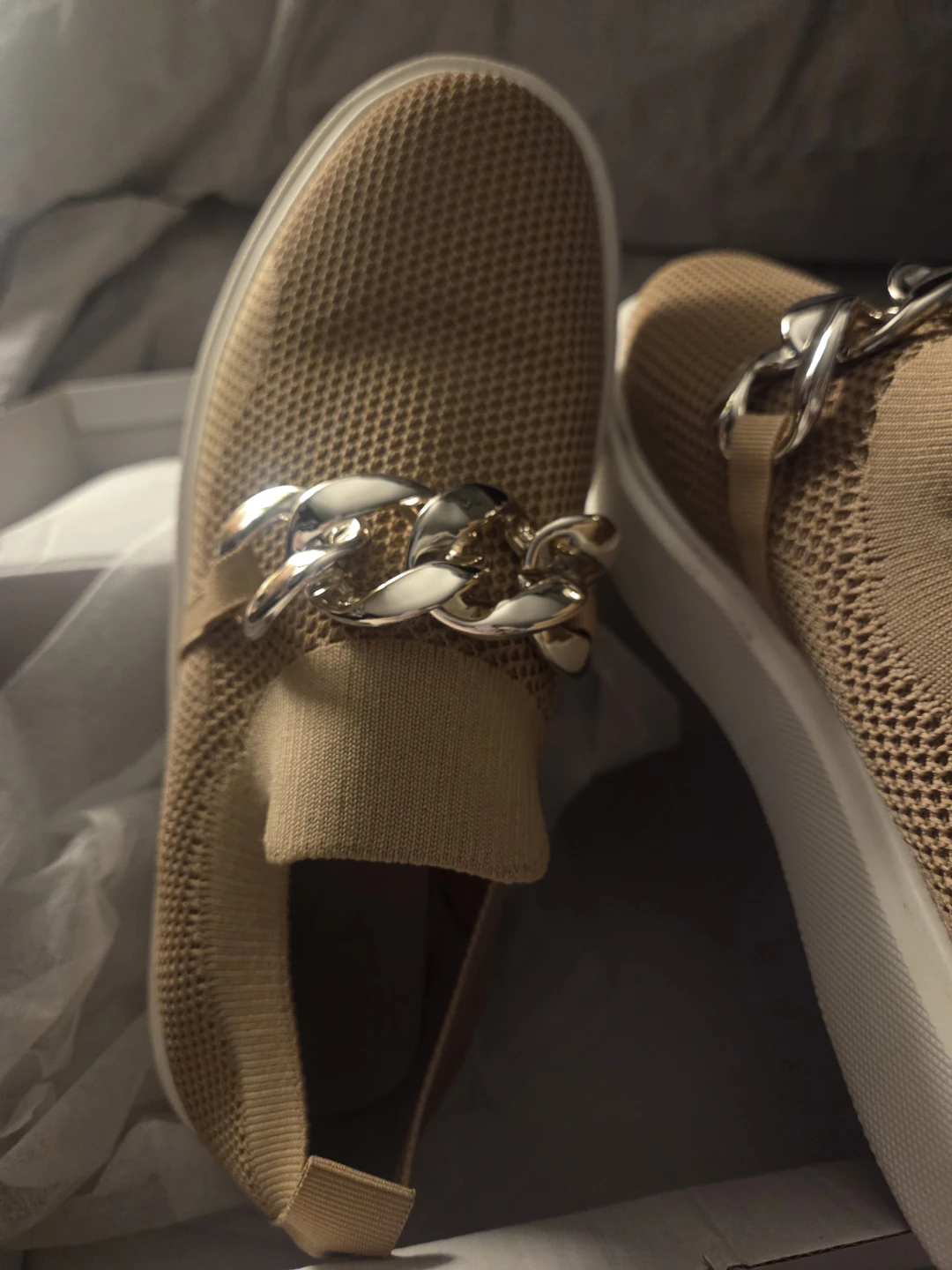 Tan Knit Slip-On Sneakers with Silver Chain Detail - photo 2