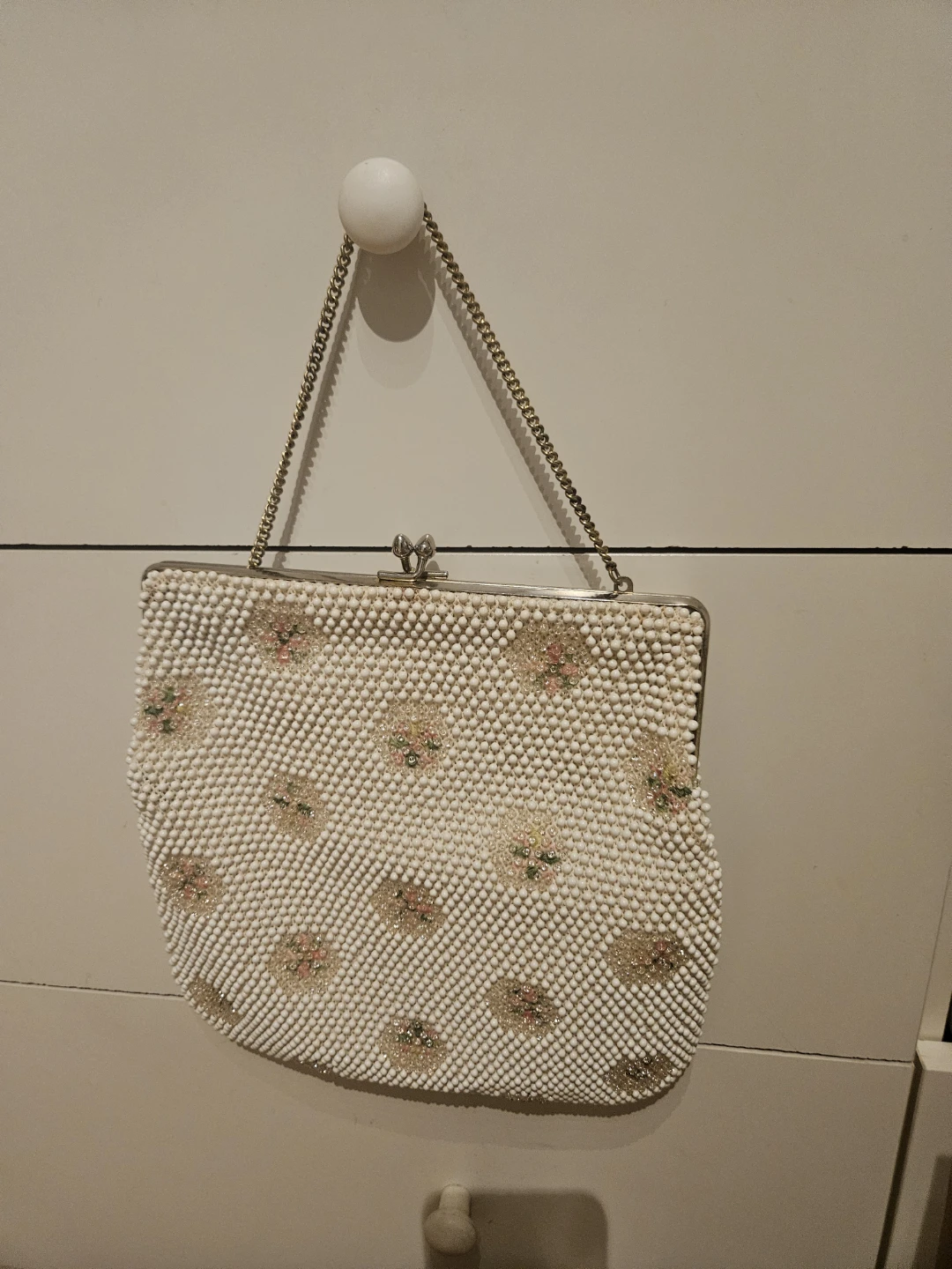 Vintage White Beaded Floral Evening Clutch Purse