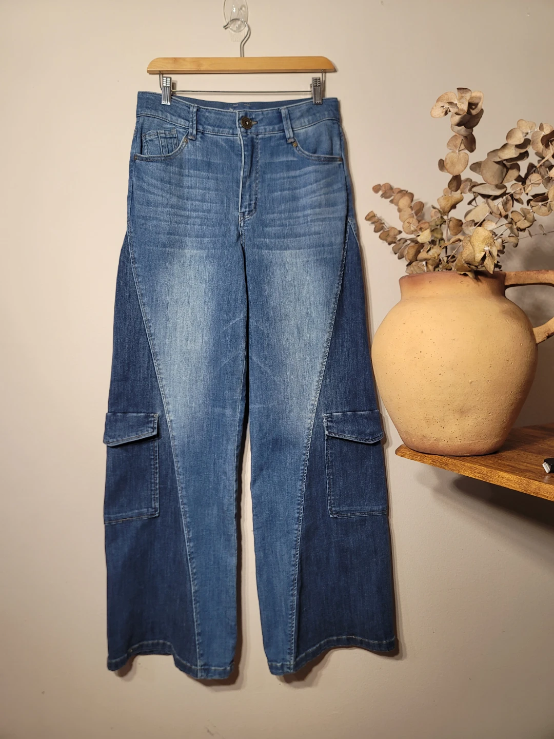 Democracy “Ab”solution Skyrise Wide Leg Cargo Patchwork Sz 8