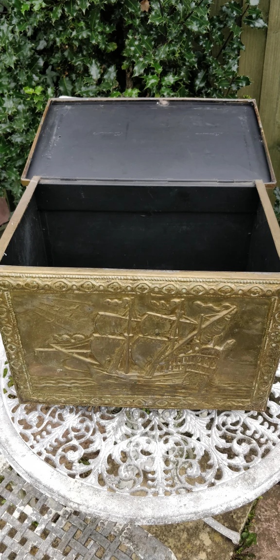 Vintage Embossed Brass Chest Trunk with Ship Design - photo 3