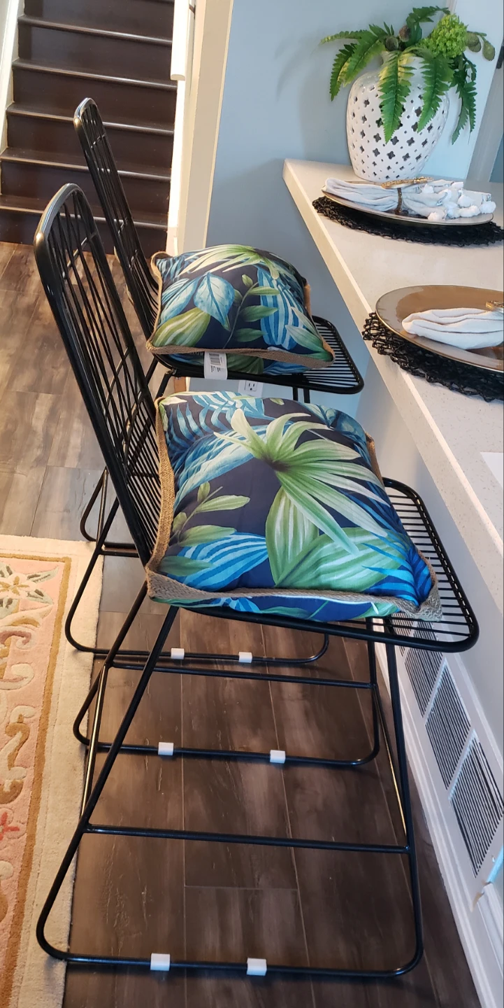 Set of 2 Black Metal Bar Stools with Tropical Leaf Cushions - photo 2
