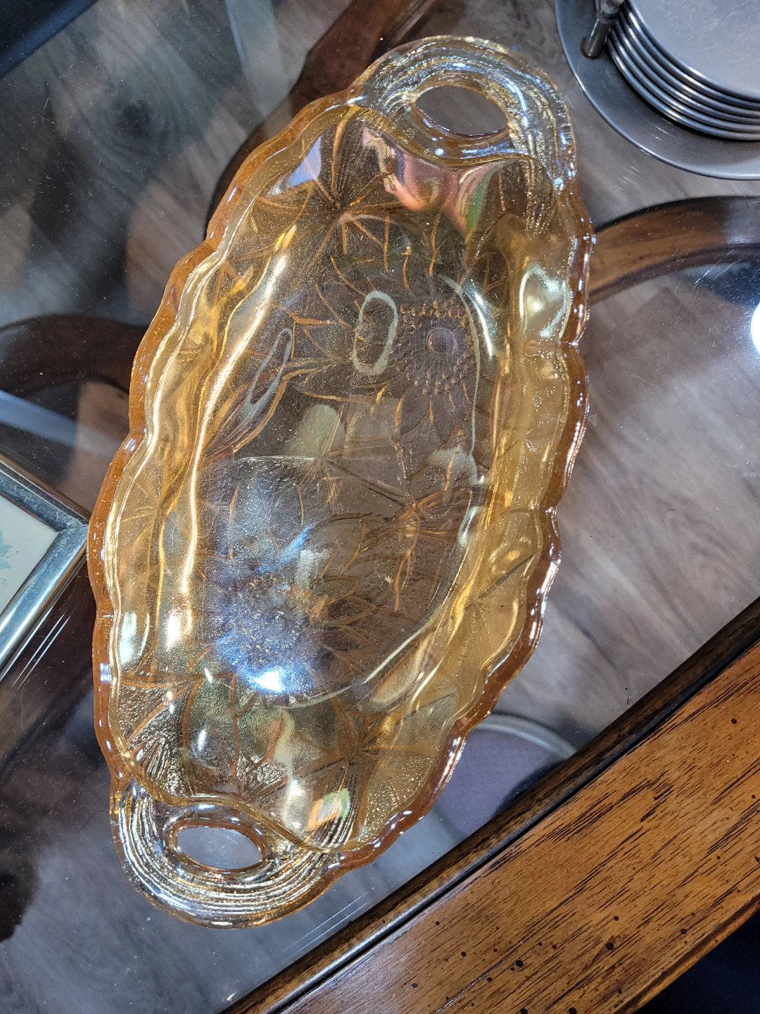 Amber Glass Trinket Dish with Handles