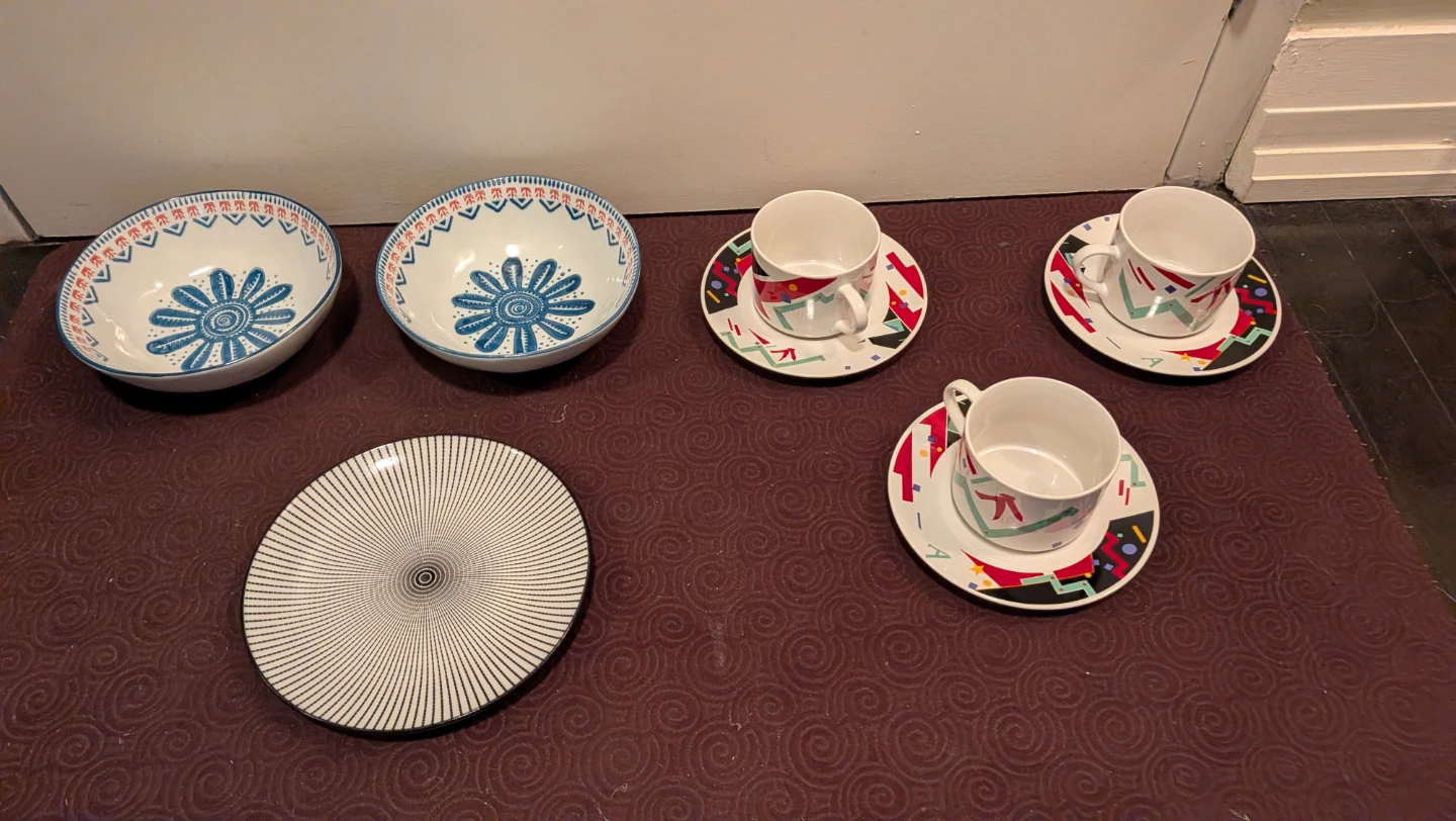 Set of 2 Bowls, 1 Plate, and 3 Stoneware Cups with Saucers