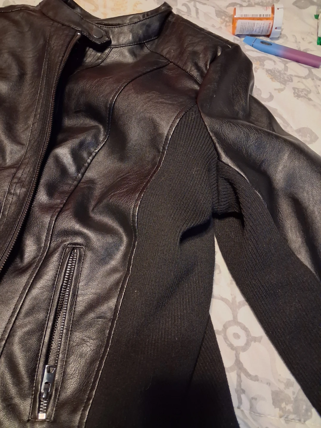 Black Faux Leather Jacket with Knit Sleeves - photo 2