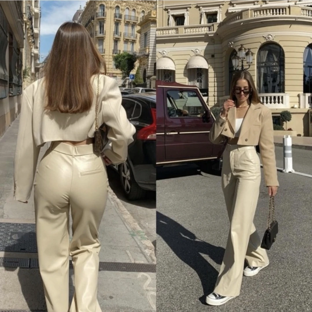ZARA ECRU Wide Leg Vegan Leather Trouser Pants - photo 2
