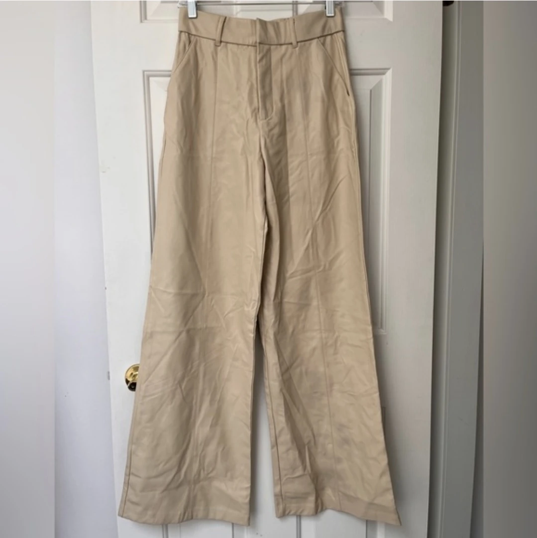 ZARA ECRU Wide Leg Vegan Leather Trouser Pants - photo 3