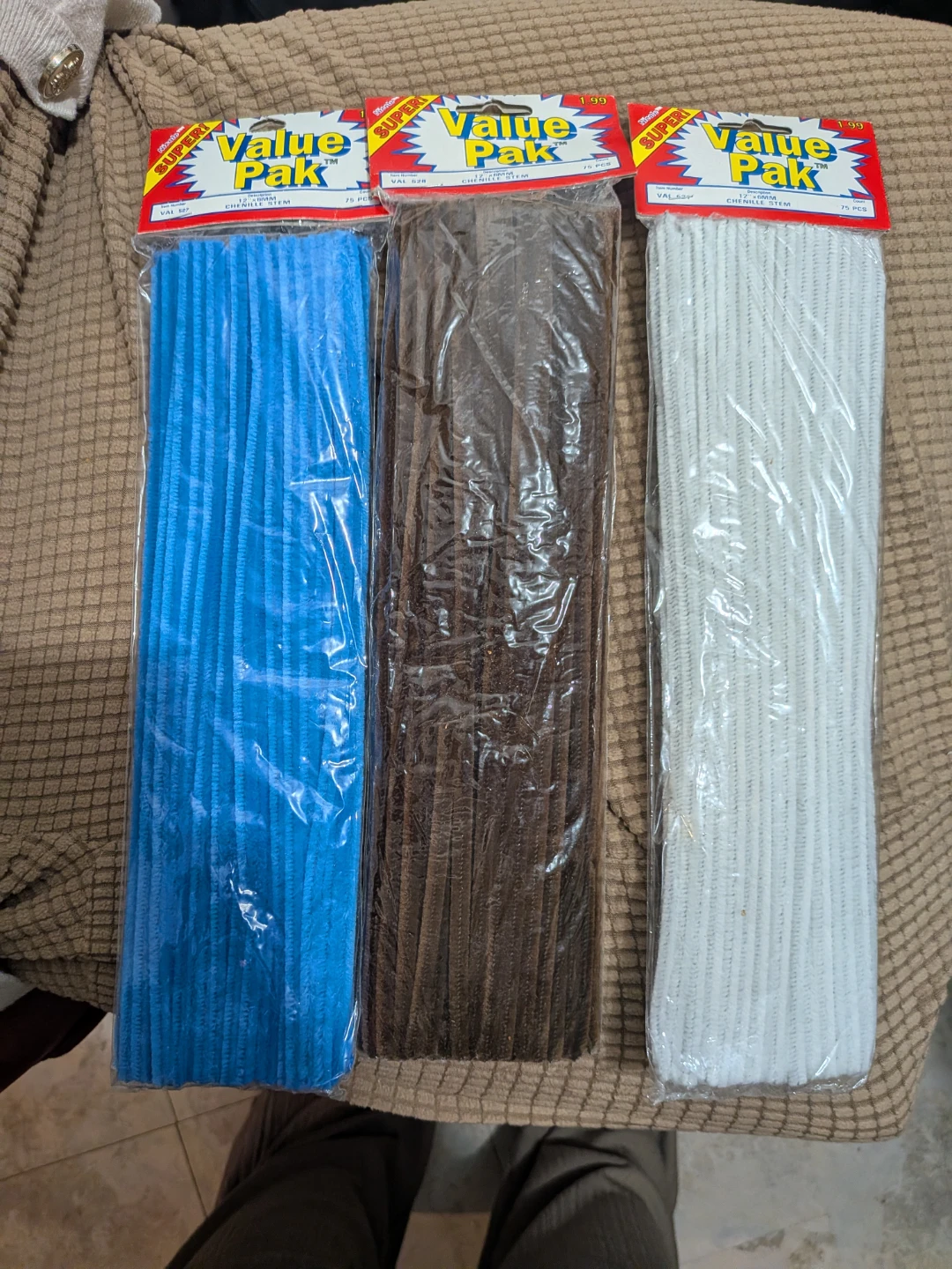 Value Pak Chenille Stems - Blue, Brown, White
