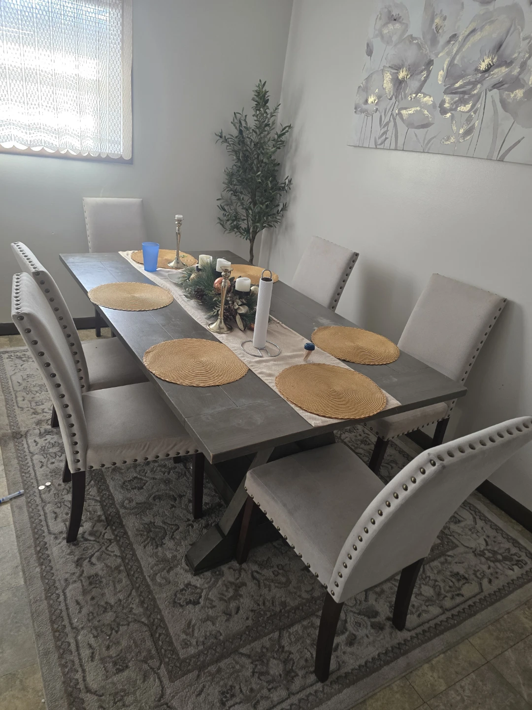 Gray Dining Table with 6 Upholstered Chairs