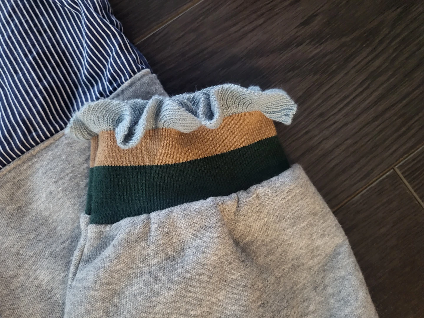 Grey Pullover Sweatshirt with Striped Ruffle Cuffs from Korea - photo 3