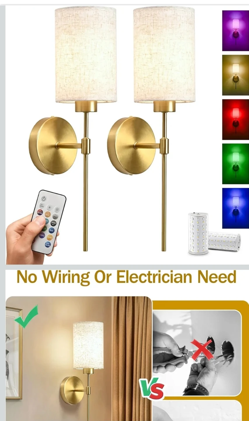 Set of 2 Brass Rechargeable Wall Lamps with Remote Control