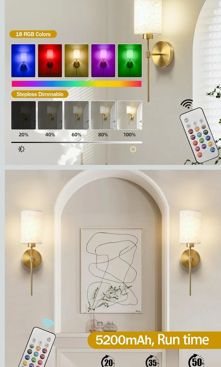 Set of 2 Brass Rechargeable Wall Lamps with Remote Control - photo 2
