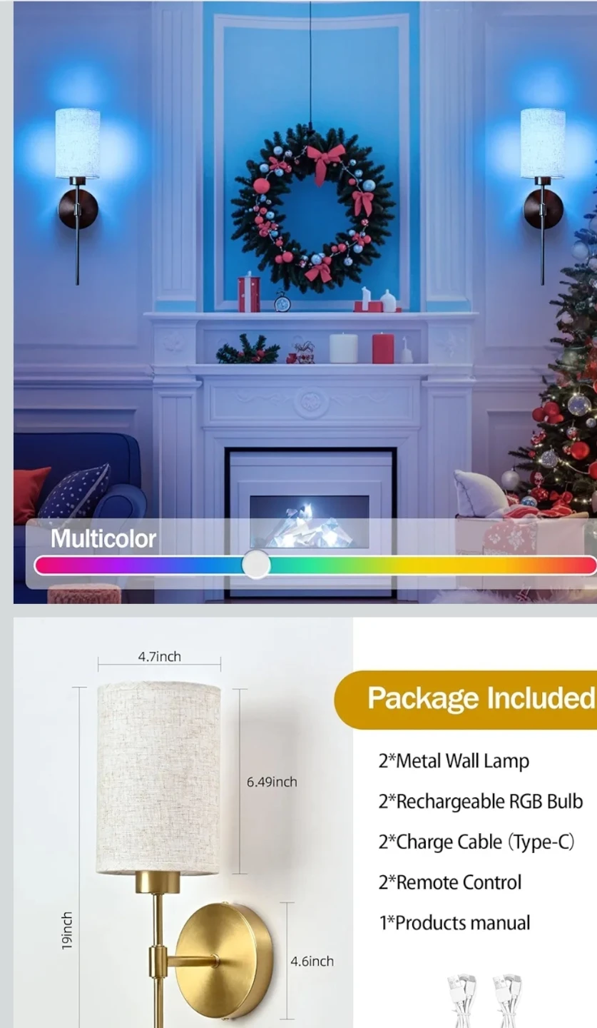 Set of 2 Brass Rechargeable Wall Lamps with Remote Control - photo 3