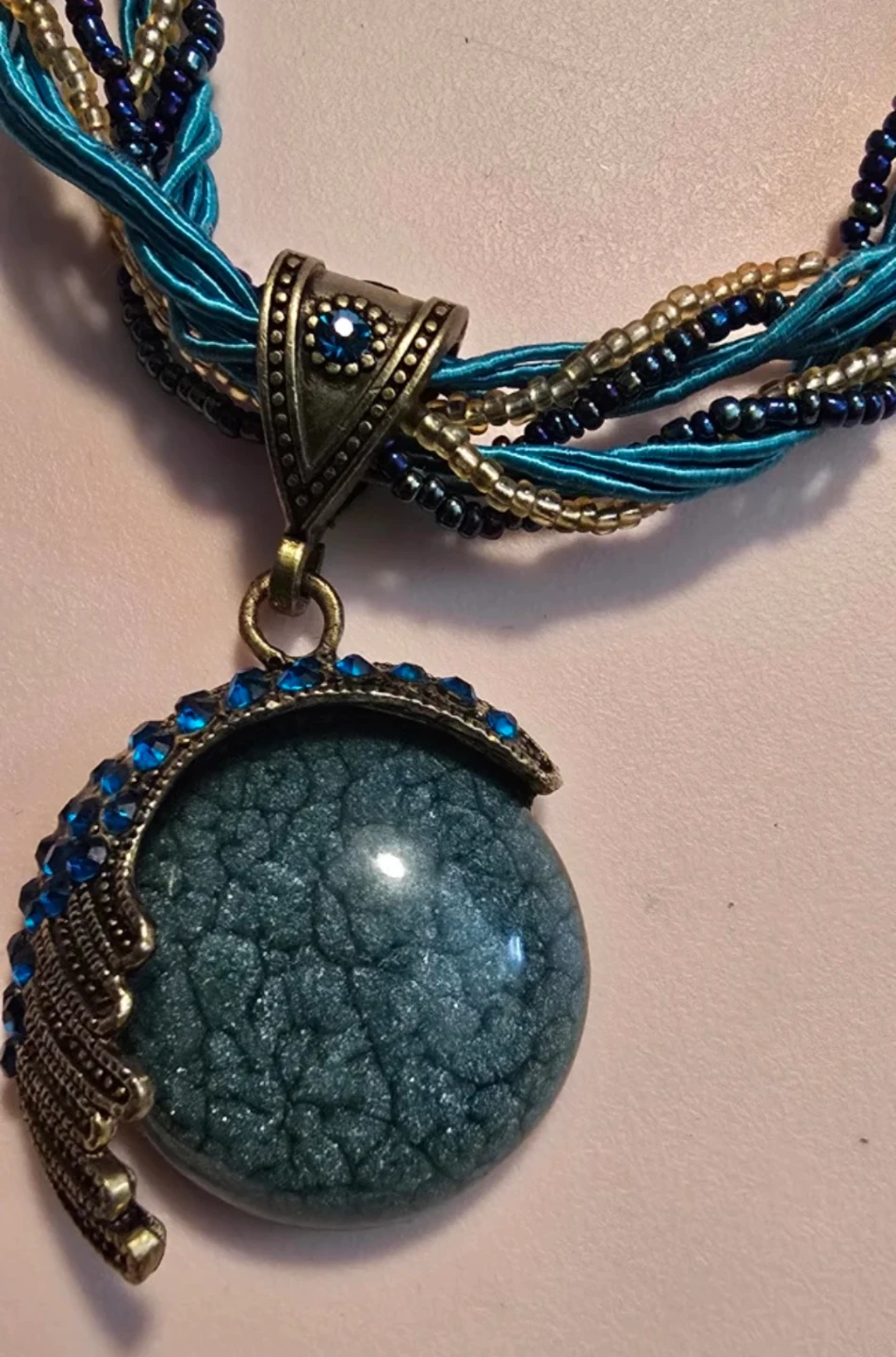 Blue & Gold Beaded Pendant Necklace - photo 4