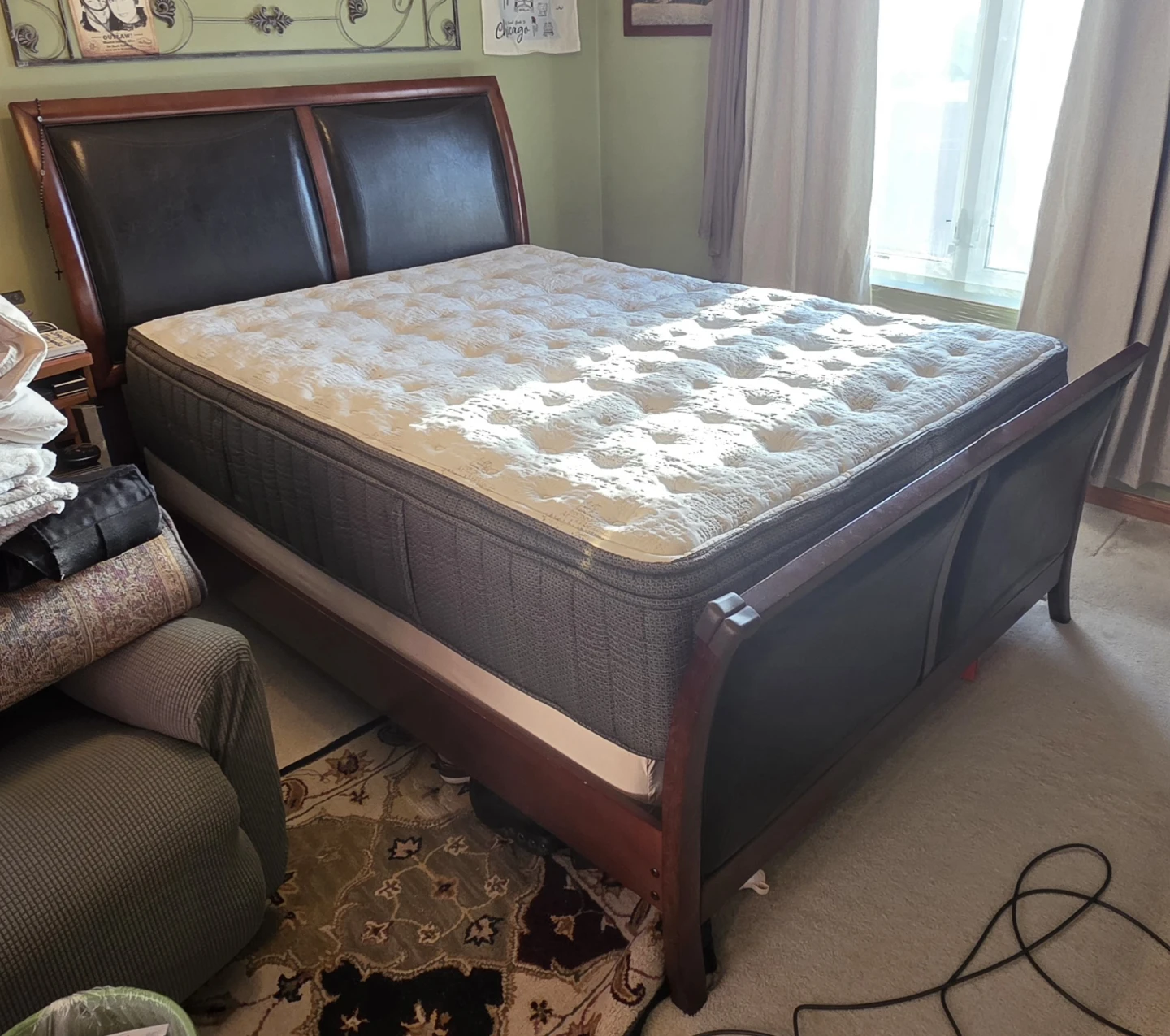 Queen bed frame and box spring. Mattress not included
