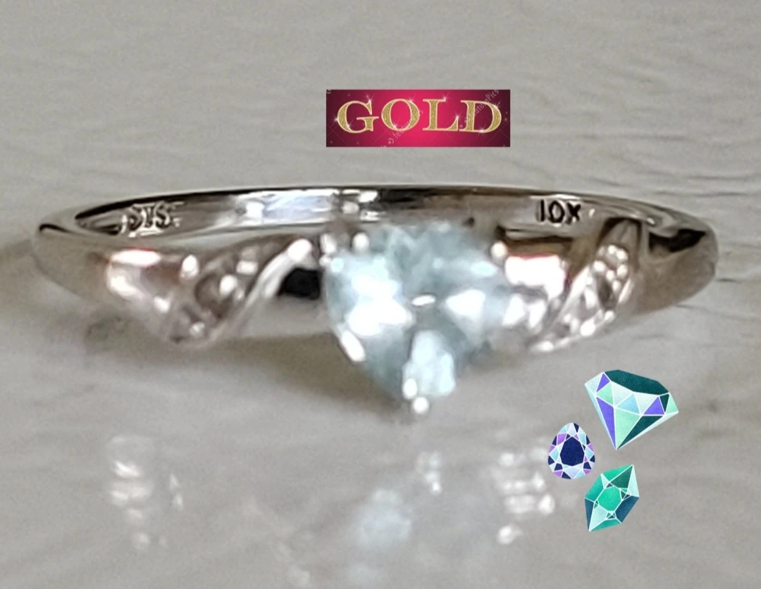 ♥️10kt White Gold Aquamarine Heart Ring Sz 6.75
