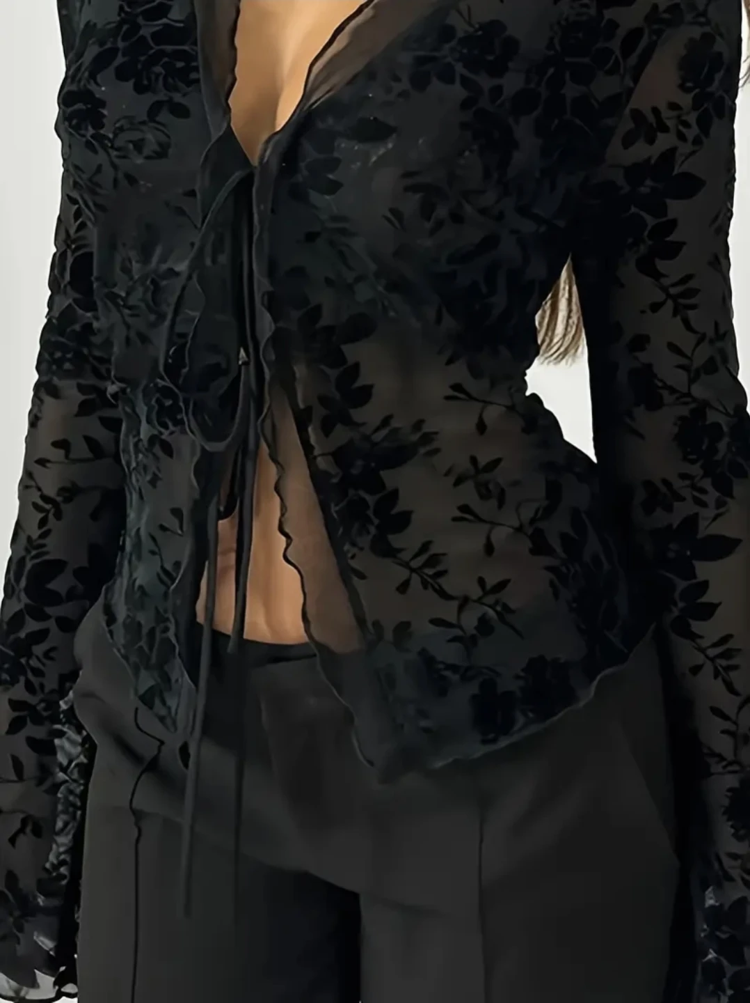 Sheer Black Floral Burnout Bell Sleeve Blouse - photo 2