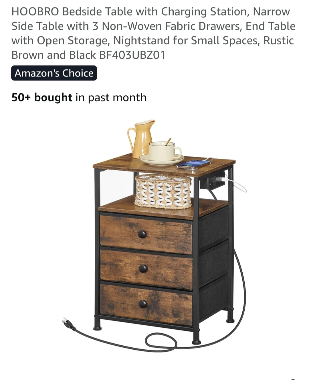 HOOBRO Bedside Table with Charging Station - Rustic Brown