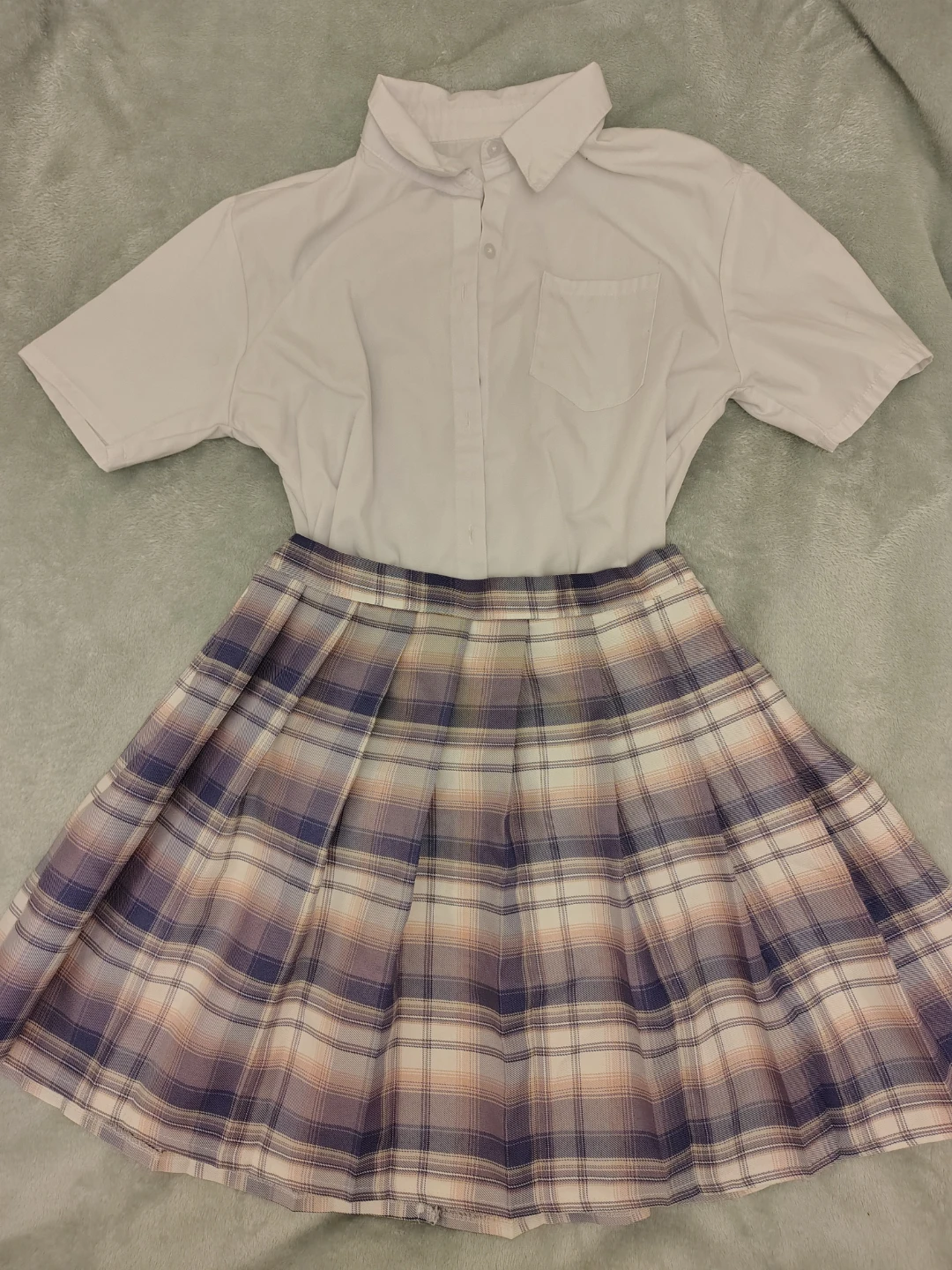 White Short Sleeve Button-Up Shirt and Plaid Pleated Skirt Set